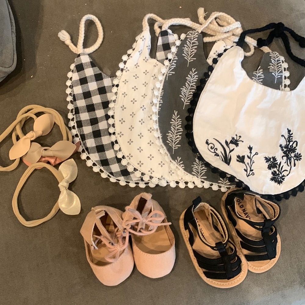 Newborn Girls Accessory Lot with 4 bibs, 4 bow headbands and 2 old navy shoes